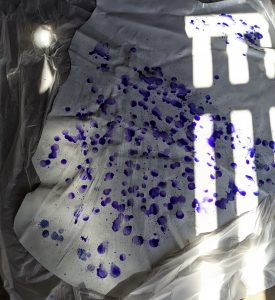 Image of a white leather hide with purple dye splatters